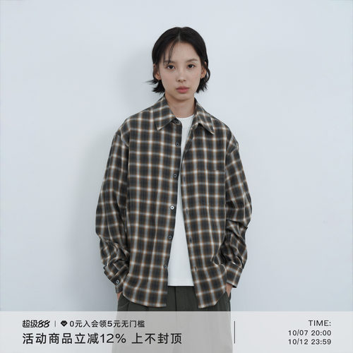 AWT砂洗格纹纯棉长袖衬衫