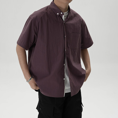 棉锦微皱素色短袖衬衫