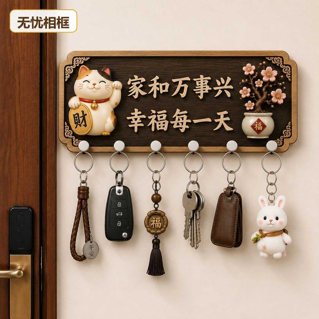 免打孔木制招财猫门挂钥匙收纳