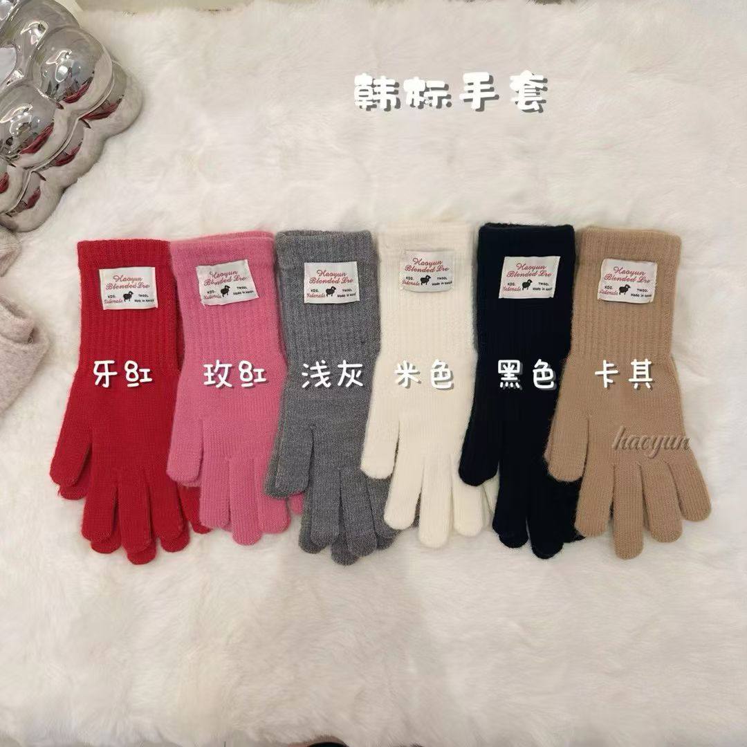 韩版ins纯色毛线针织触摸屏布标加厚户外保暖女骑车手套