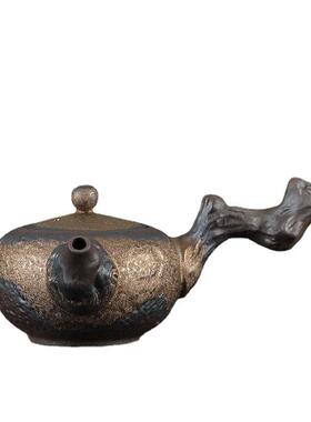 古FQ18168烧黑檀木侧早把壶陶铁瓷夫茶壶鎏金釉功茶壶日式复古粗