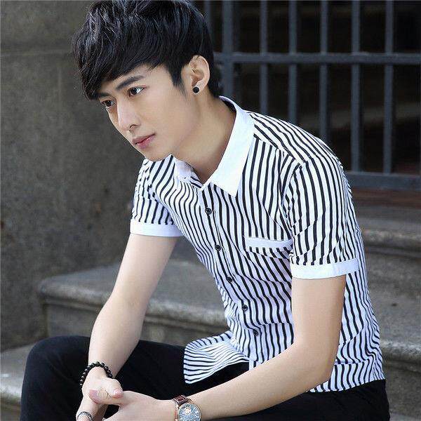 夏季新款短袖男士衬衫韩版修身帅气潮流条纹休闲衬衣商务上衣夏装