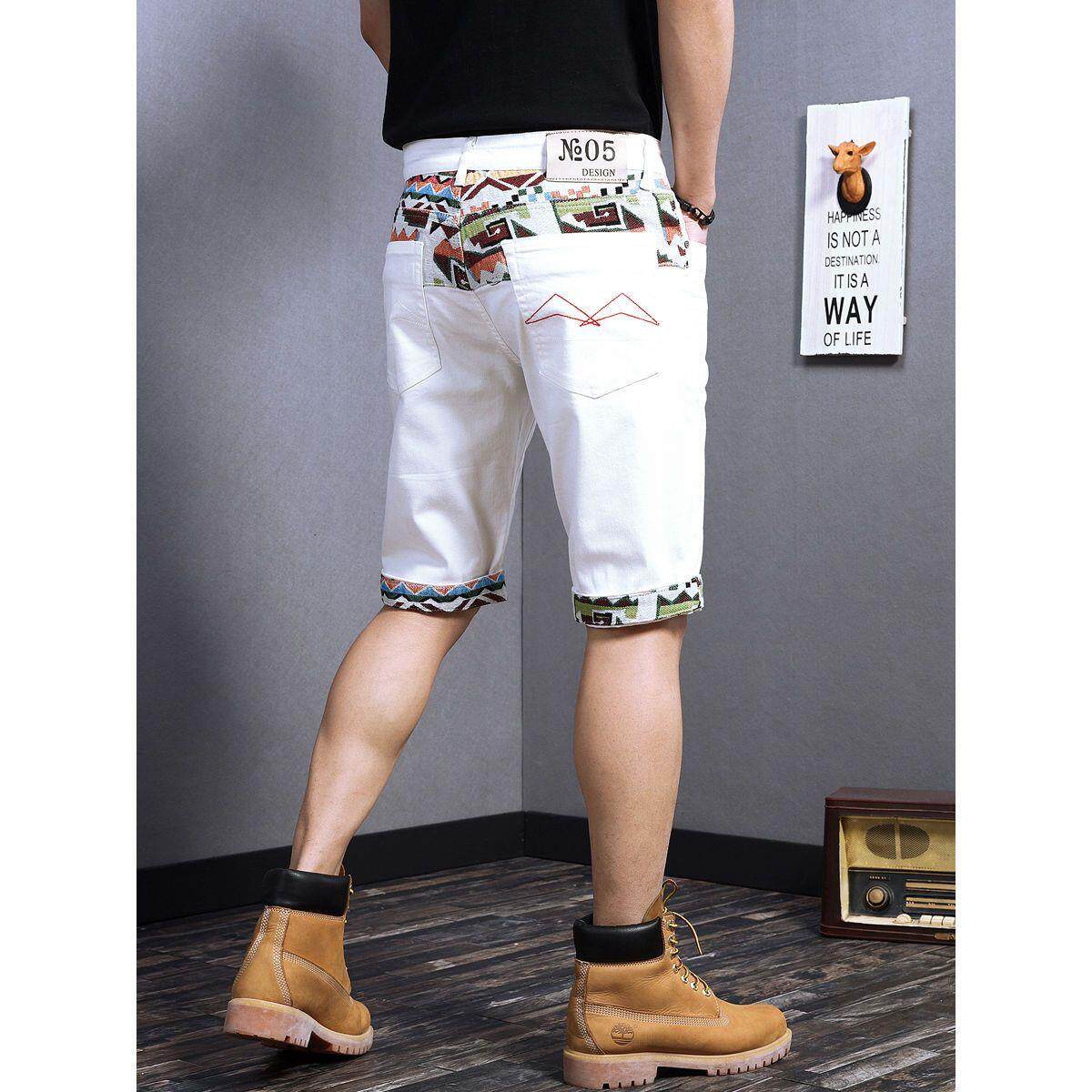 夏季白色牛仔短裤男直筒修身韩版潮流休闲五分刺绣潮牌薄款花中裤