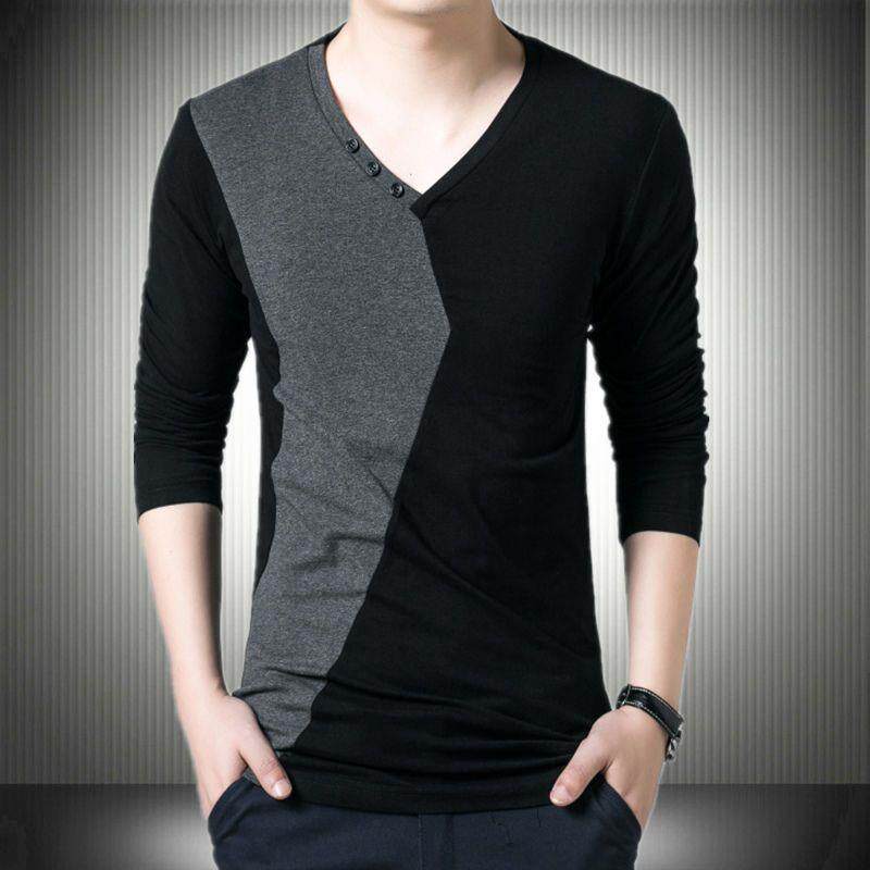 2023春秋男士长袖T恤v领拼接撞色时尚大码纯棉上衣加绒加厚打底衫