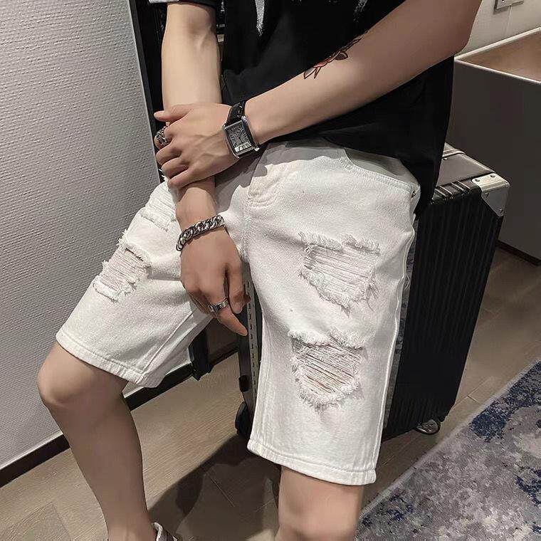 夏季新款五分裤网红男士水洗百搭破洞白色牛仔短裤薄款弹力中裤子