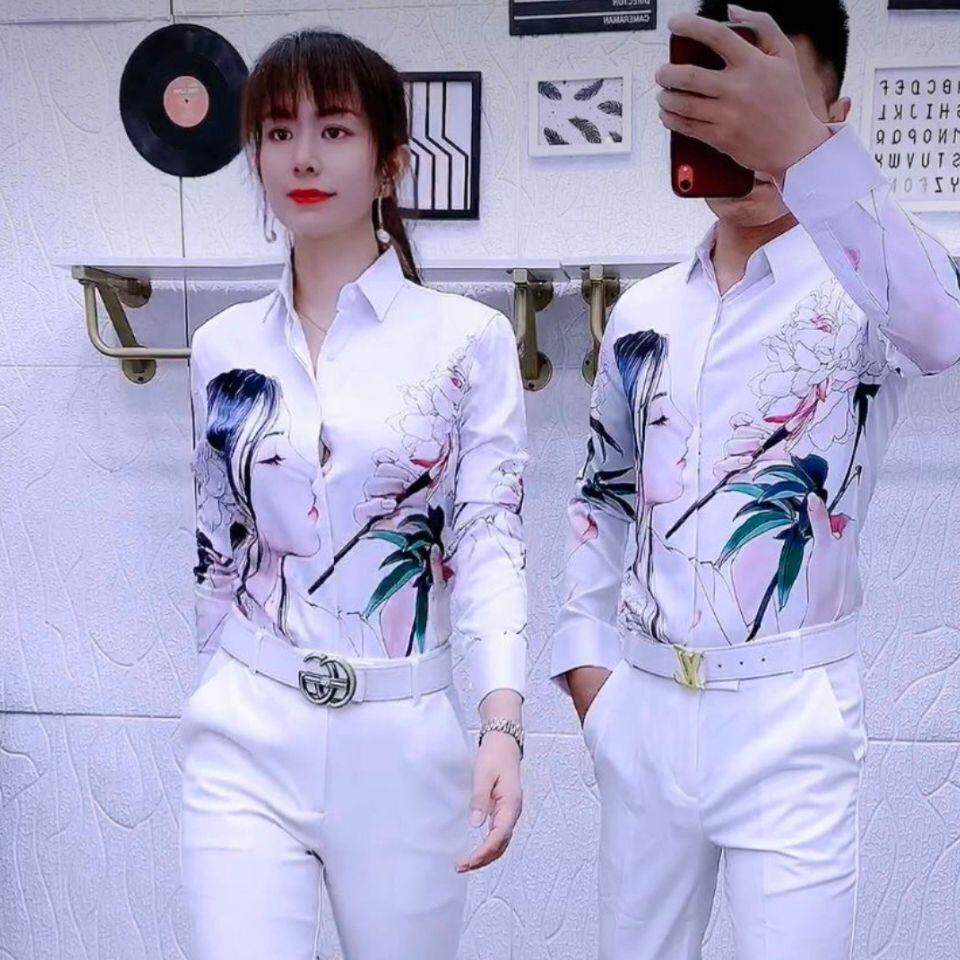 夏季新款3D印花精神小伙长袖男女士情侣款快手抖音网红秋天衬衫潮