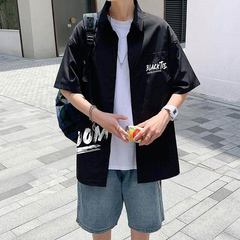 夏季薄款短袖衬衫男生ins潮流痞帅设计感大码衬衣服港风休闲外套