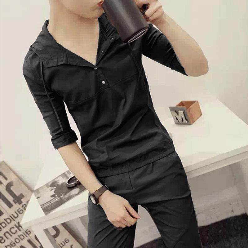 夏季男士套装薄款休闲帅气连帽短袖韩版修身潮流九分裤男装两件套