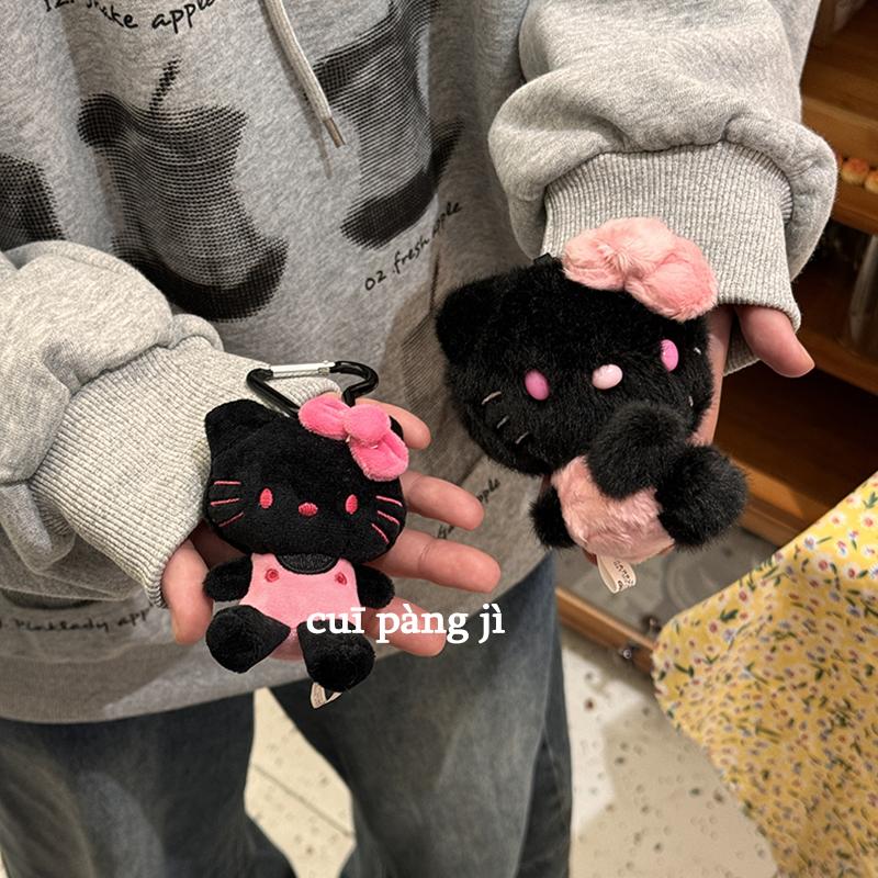 可爱黑粉爱心扣kt猫毛绒挂件黑皮Kitty公仔玩偶书包挂饰钥匙扣女