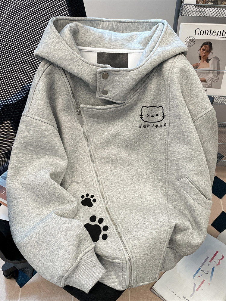 American lazy super cute cat print hoodie cardigan for women, autumn and winter 2025 new fleece heavy hooded jacket