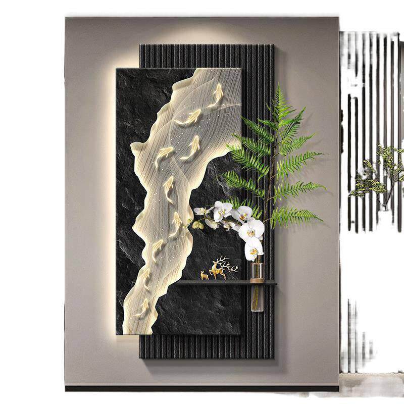 鱼图玄关装饰画轻奢级感客厅过道走廊挂画立体砂岩入户壁画