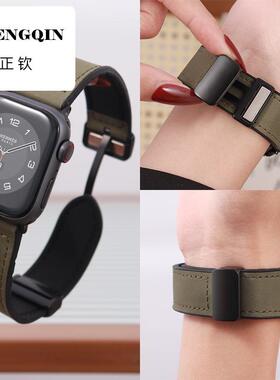适用iwatchS10苹果手表真皮磁吸扣表带applewatch9秋冬新款8/7/6/