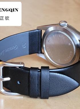 适用头层真牛皮超薄平纹表带黑棕色金扣灰色里皮防汗半包边表带