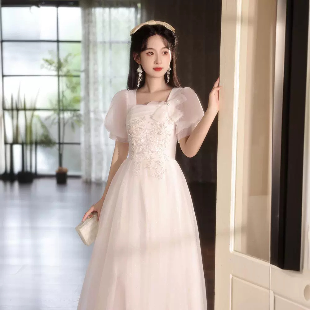 法式生日晚礼服女高级感方领泡泡袖公主裙日常可穿声乐艺考