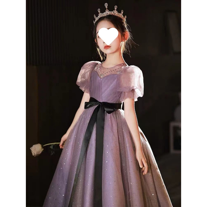 女童高端礼服儿童紫色花童公主裙小女孩主持人钢琴演奏比赛