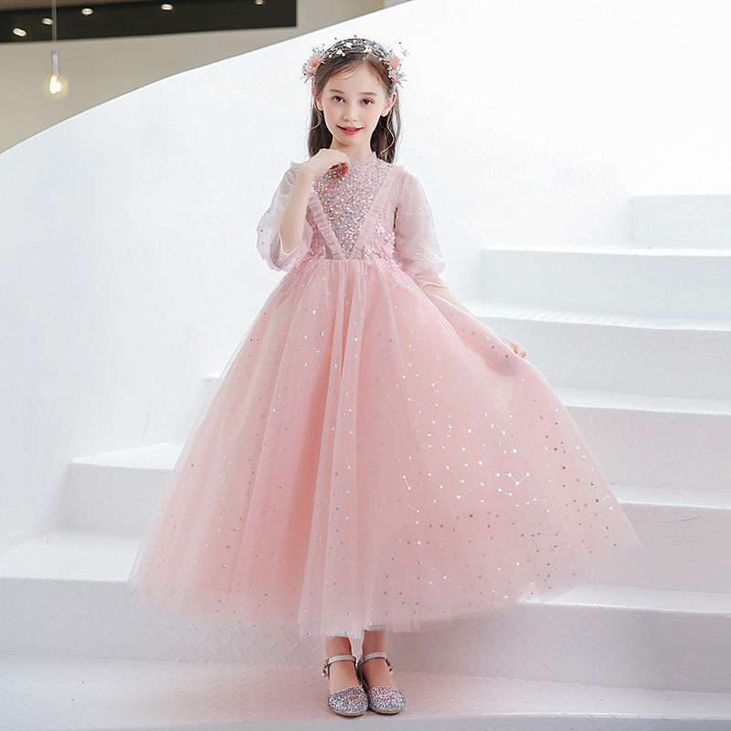 女童粉色生日公主裙花童礼服女孩蓬蓬纱儿童主持人高端钢琴