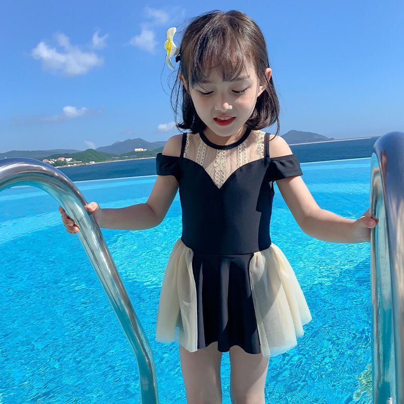 新款韩国儿童泳衣女孩连体拼纱裙式公主游泳衣洋气中小童度假