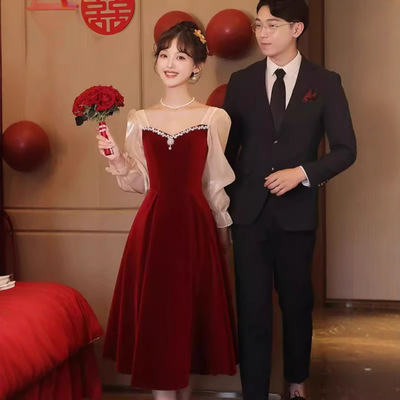 敬酒服新娘2025秋冬纱袖订婚连衣裙小个子出阁宴回门中长款礼服