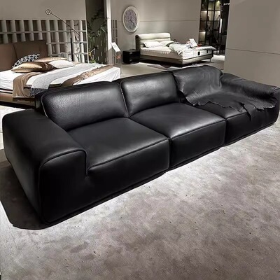 意式极简大黑牛沙发复古风豆腐块全真皮直排三位头层牛皮客厅家具