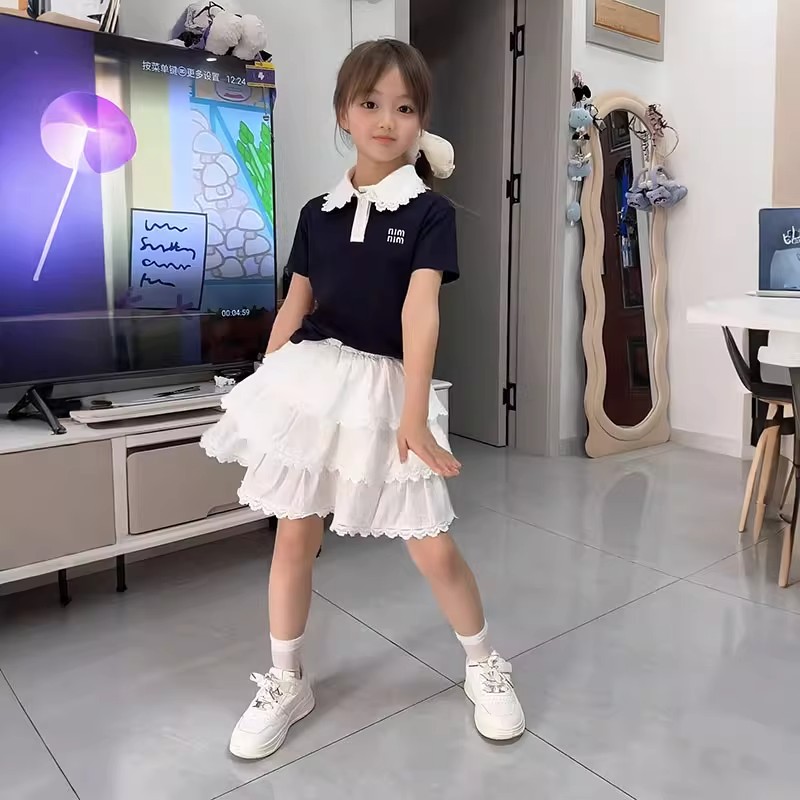学院风蕾丝拼接女童套装裙裤2025夏装新款儿童短袖两件套裤子时髦