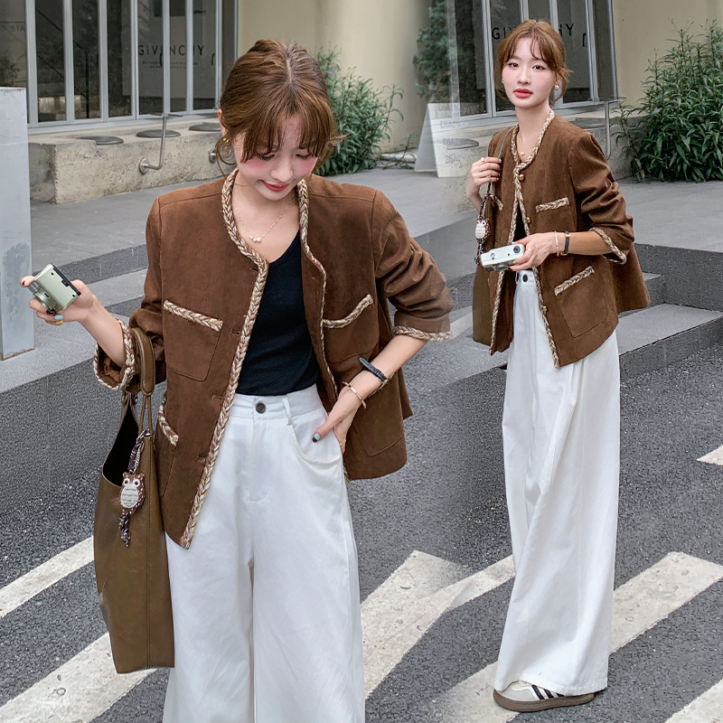 现货！24秋装新款鹿皮绒外套编织撞色搭配港风外套女