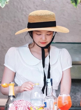 现货 pehrt 金智妮jennie同款 法式娃娃领系带收腰短袖衬衫上衣女