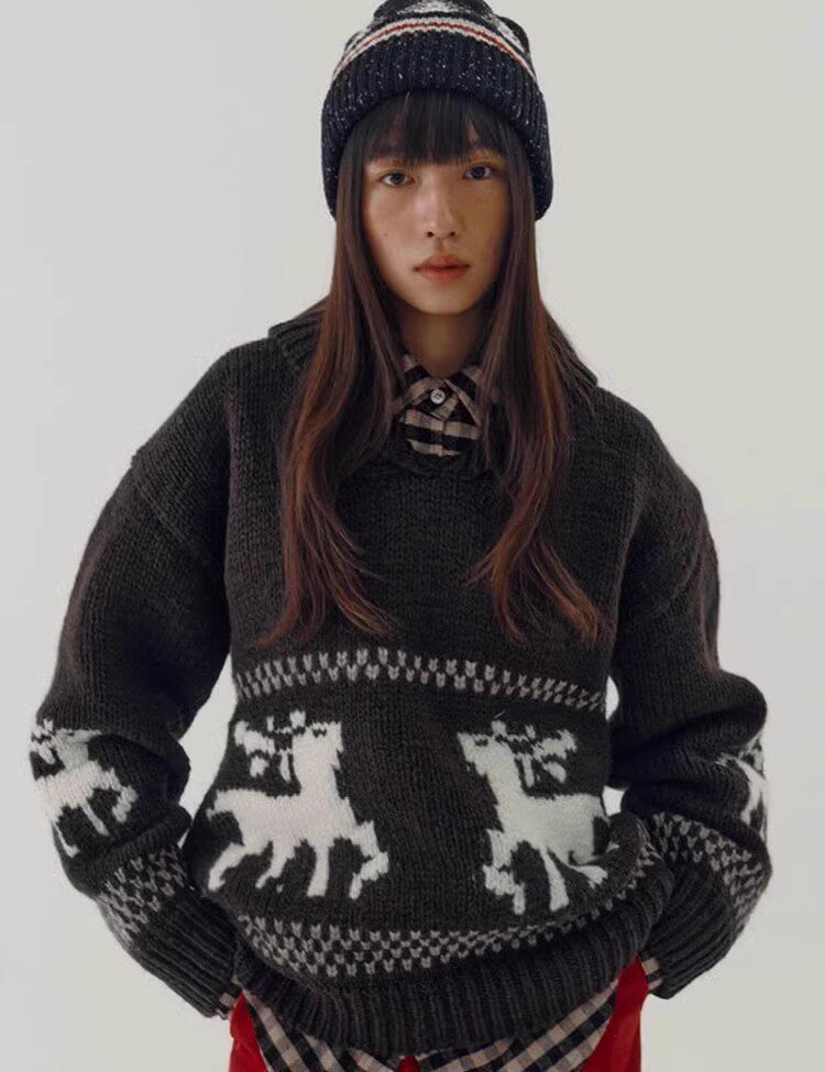 sienne翻领复古麋鹿针织衫毛衣