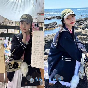 现货韩国Freckle 复古水手服大翻领海军领宽松夹克外套女 Joy同款