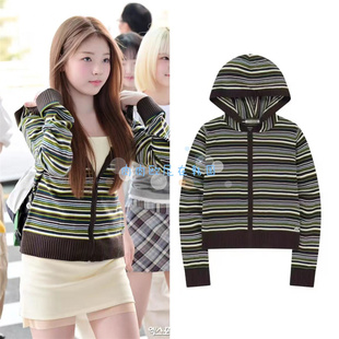 现货coyseio 25新款复古拼色条纹拉链修身连帽卫衣针织开衫外套女