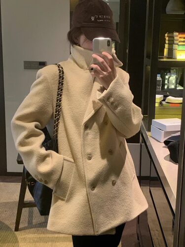 现货 objet 25秋冬新款纯色双排扣翻领中长款毛呢西装外套大衣女