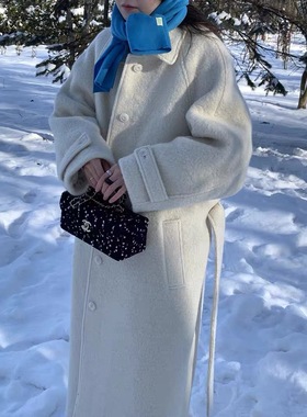 现货 Lerobe 2025秋冬新款气质单排扣绑带收腰长款羊毛大衣外套女