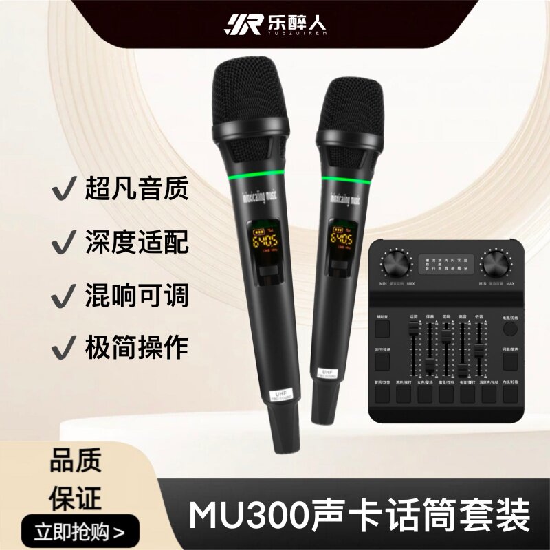 乐醉人适用带AUX音频口音响话筒音箱无线麦克风K歌调音台声卡套装