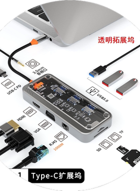 适用ipad雷电四苹果macmini联想小新华为matebook扩展坞usbhub集线器透明拓展坞网线口千兆typec转VGA/HDIMI