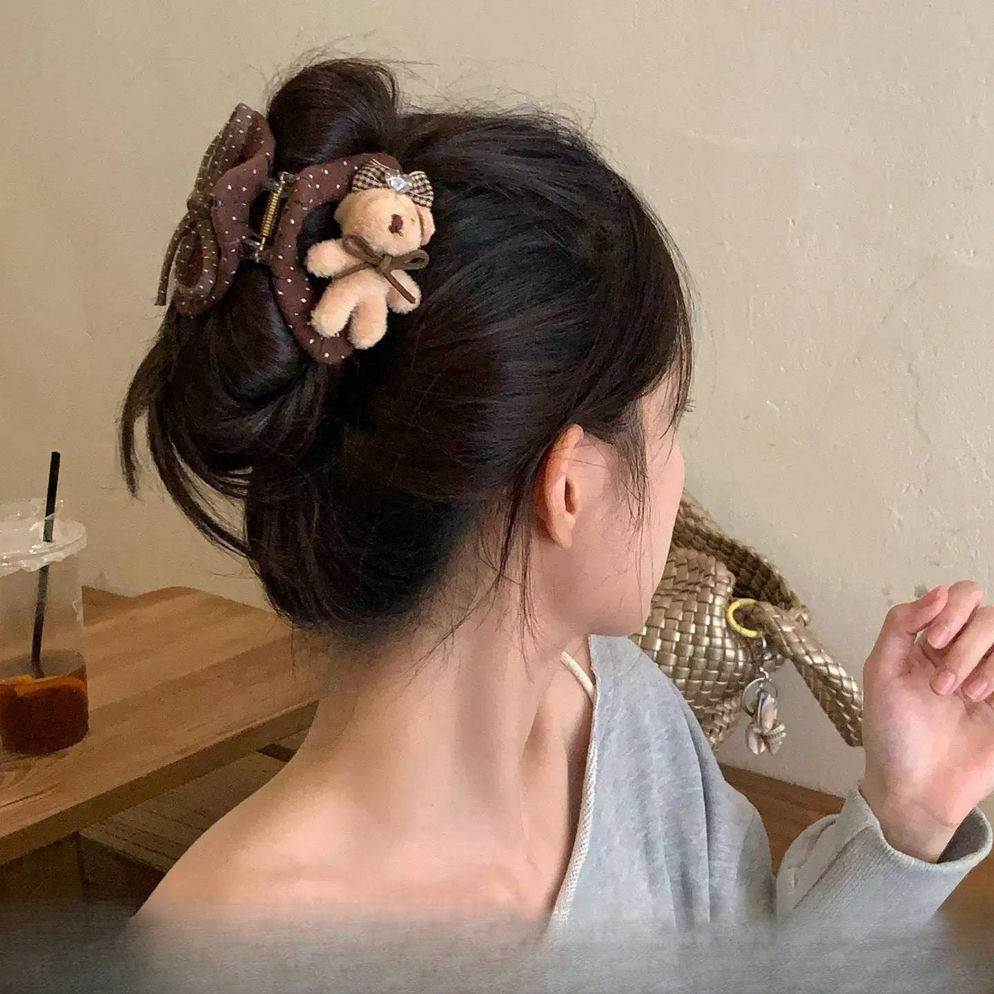 咖色系小熊蝴蝶结三角抓夹高颜值发卡背后盘发夹子鲨鱼夹秋冬发饰
