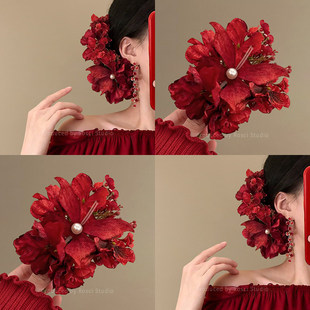 新中式红色蝴蝶珍珠花朵发夹女新年喜庆头饰结婚发饰新娘头花发卡