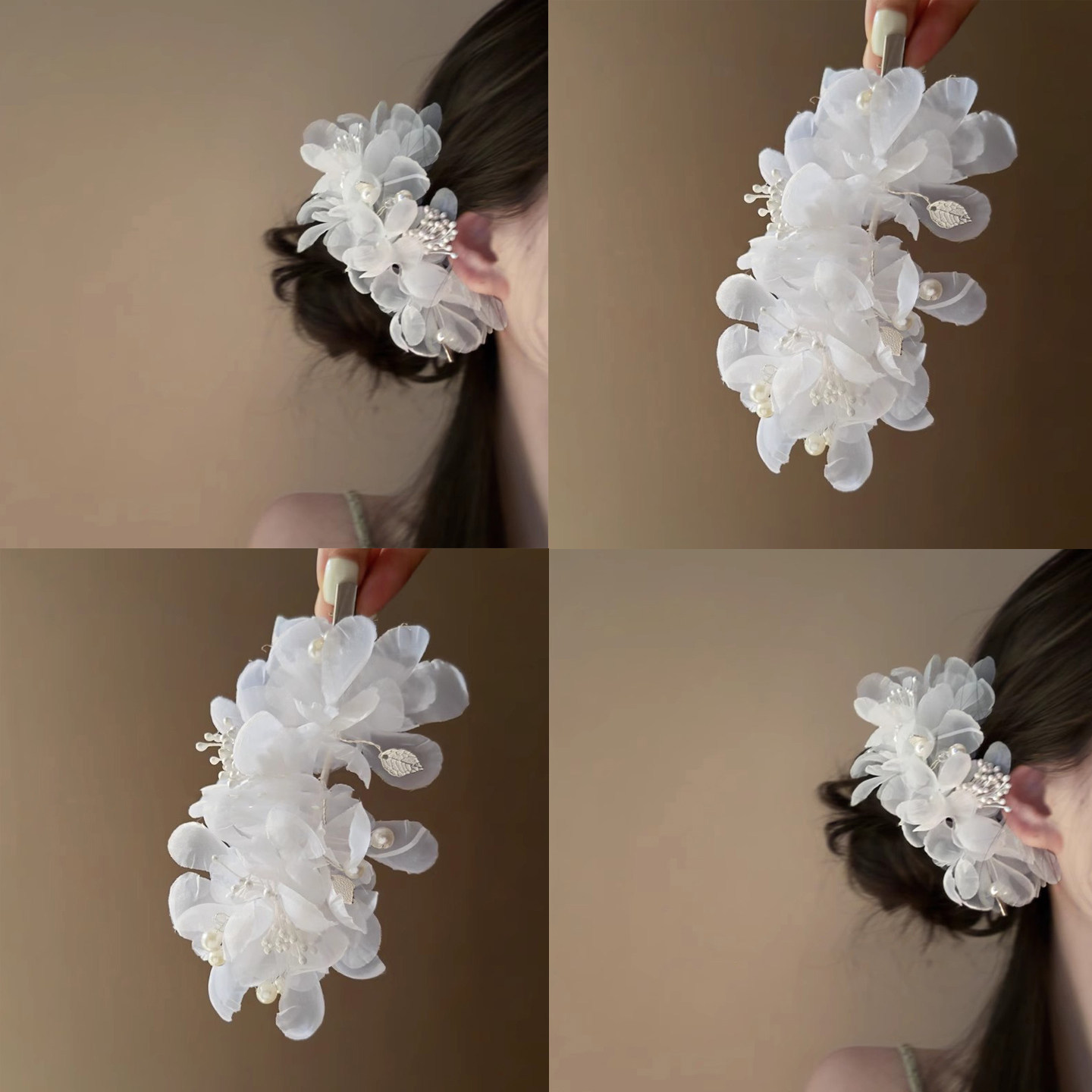 纯白茉莉!超仙绢纱花朵珍珠发夹!汉服古风仿烫花侧边夹发饰拎环
