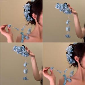 繁花漫海~春季仙气温柔风蓝色流苏花朵流苏抓夹发饰女