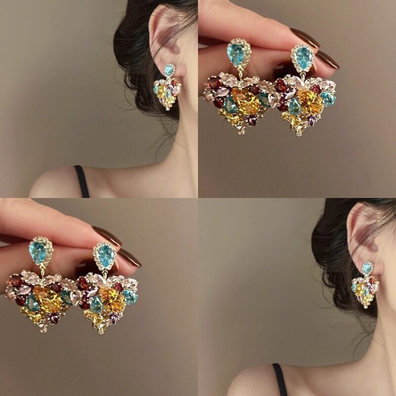 华灯初上！彩色钻石爱心耳环轻奢法式复古高级感小众设计耳钉拎环