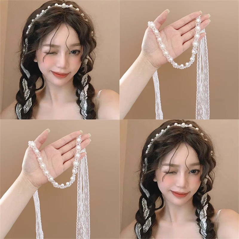 森系超仙！水晶珍珠绑发飘带！女蕾丝发带仙美网红发饰新品女拎环
