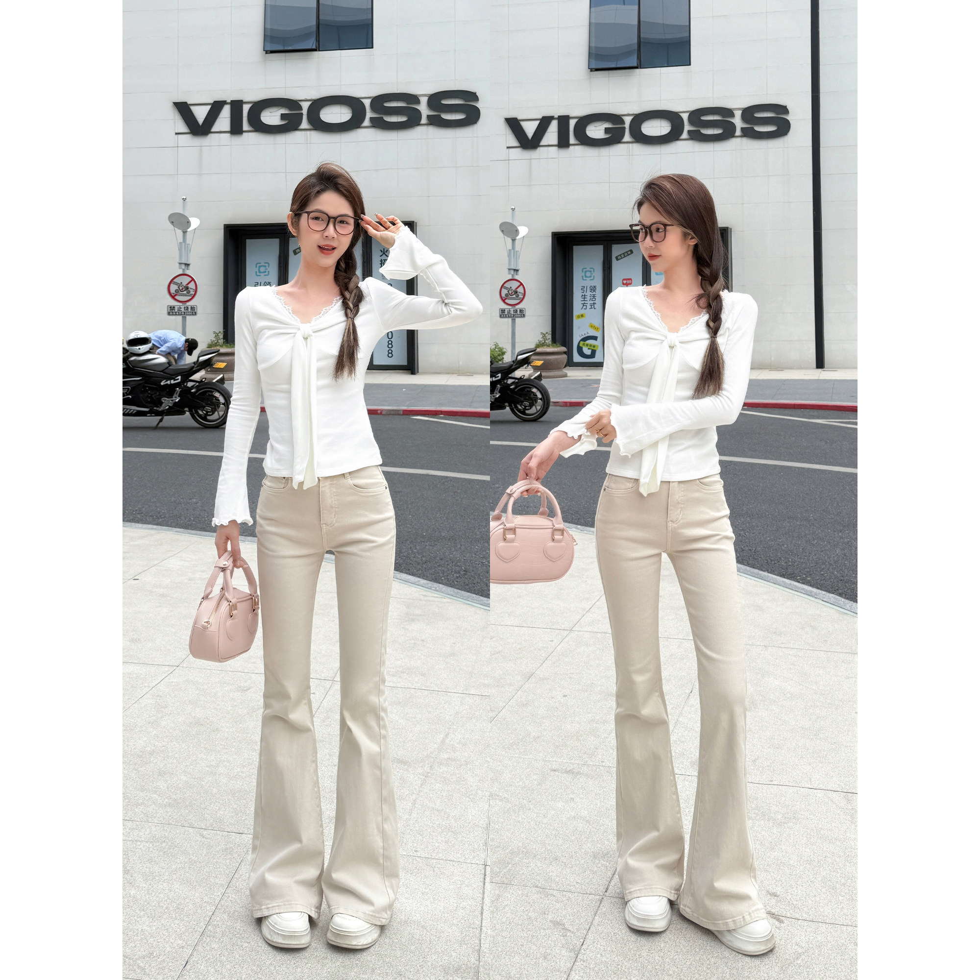 王家有鱼2026早春新款中腰刺绣浅卡其微喇牛仔裤女款气质百搭裤子