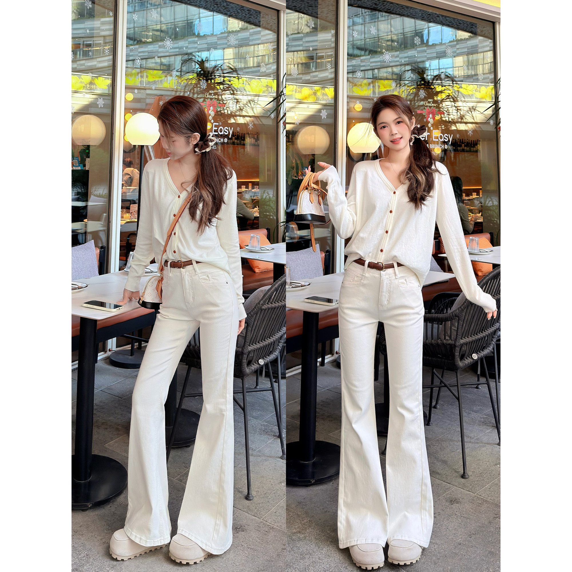 王家有鱼2026年早春新款奶杏色中腰百搭显瘦浅色微喇牛仔裤子女款