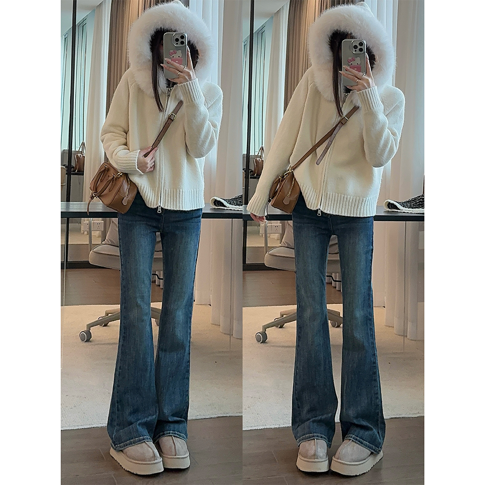 王家有鱼复古蓝微喇裤小个子