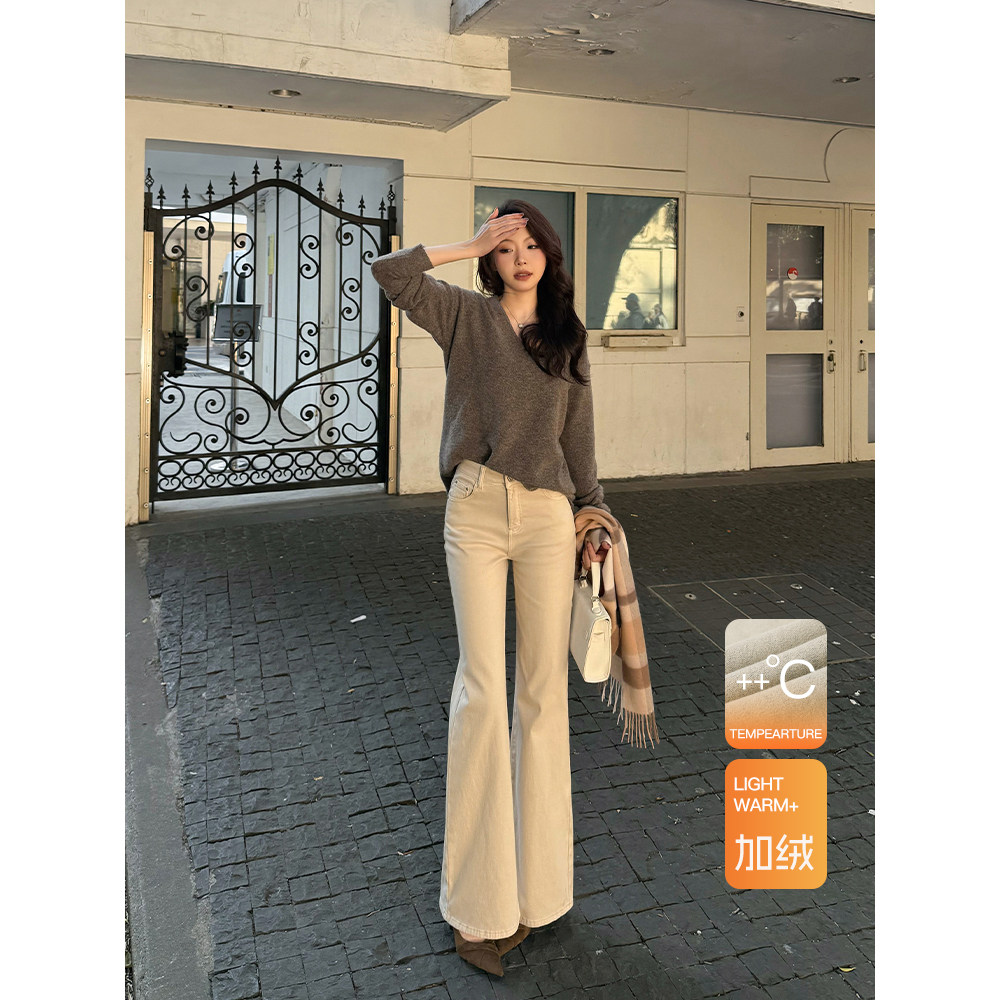 王家有鱼加绒爆款浅色系牛仔裤秋冬新款时尚微喇裤显瘦气质裤子女,女装/女士精品,牛仔裤,淘宝优惠券,粉丝福利购,淘宝优惠卷