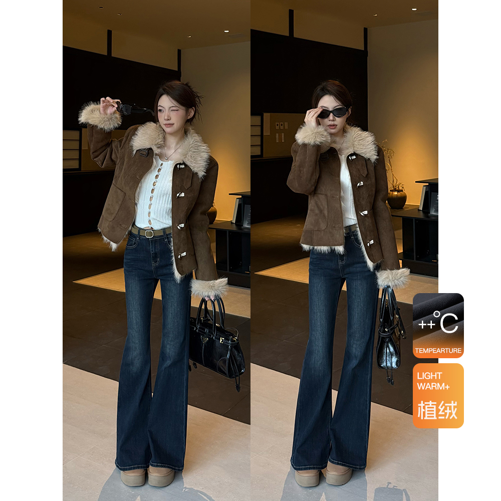 王家有鱼加绒新款不贴腿微喇裤女