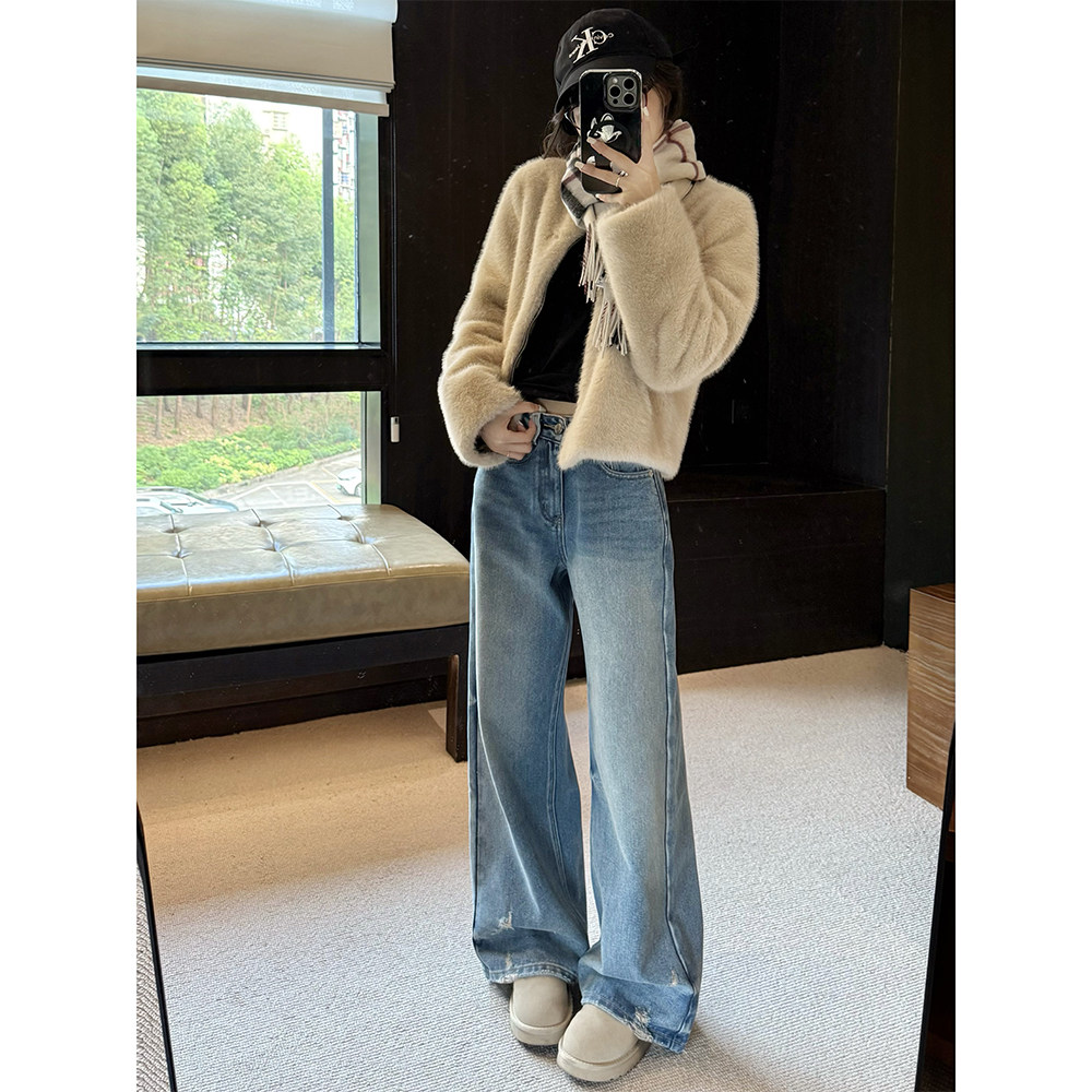 王家有鱼25年新款复古蓝宽松休闲阔腿裤百搭显瘦牛仔裤女时尚裤子