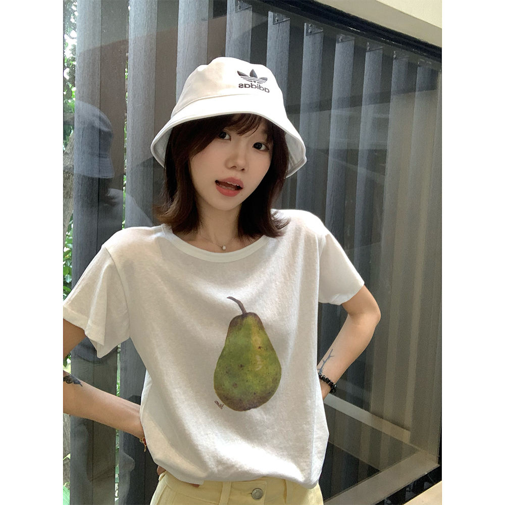 王家有鱼宽松鸭梨短袖白色T恤女2025年夏季新款简约时尚显瘦上衣W