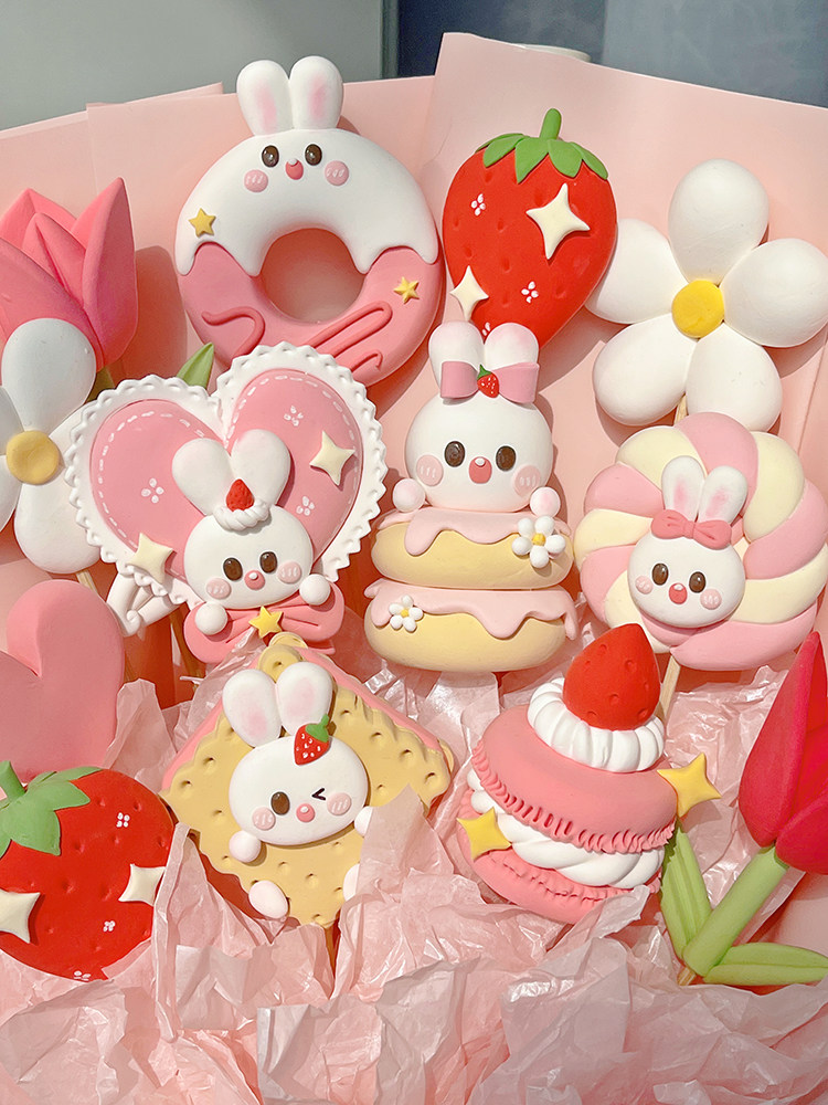 推荐粉色兔子花束下午茶粘土花束求婚闺蜜礼物女神礼物情侣礼物