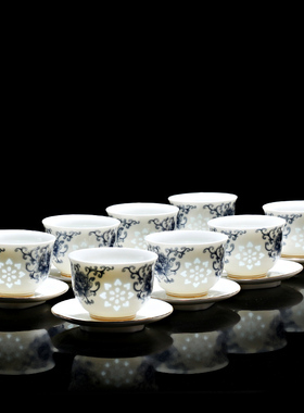 青花瓷玲珑镂空茶杯8只套装陶瓷功夫茶具品茗杯描金家用高档客杯