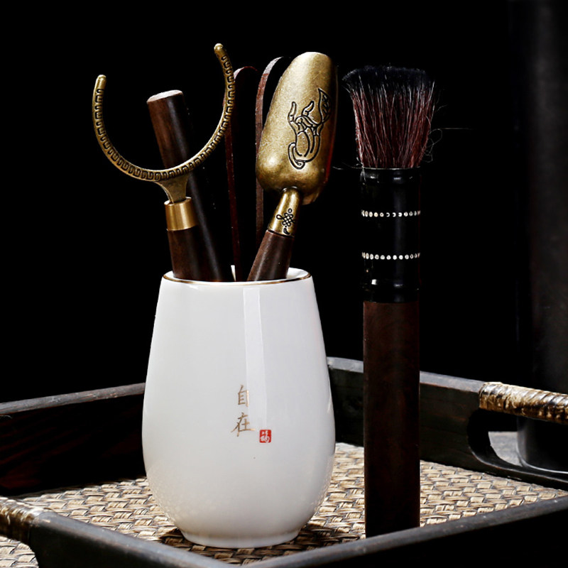 羊脂玉瓷茶道六君子白瓷描金功夫茶具配件陶瓷茶勺茶夹茶笔收纳筒,餐饮具,茶道/零配,淘宝优惠券,粉丝福利购,淘宝优惠卷