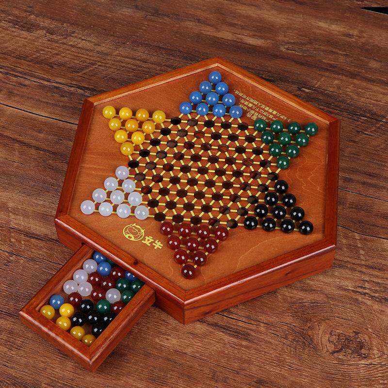 跳棋木质棋盘儿童益智高档玻璃跳棋弹珠老式跳棋子学生成人珍藏款